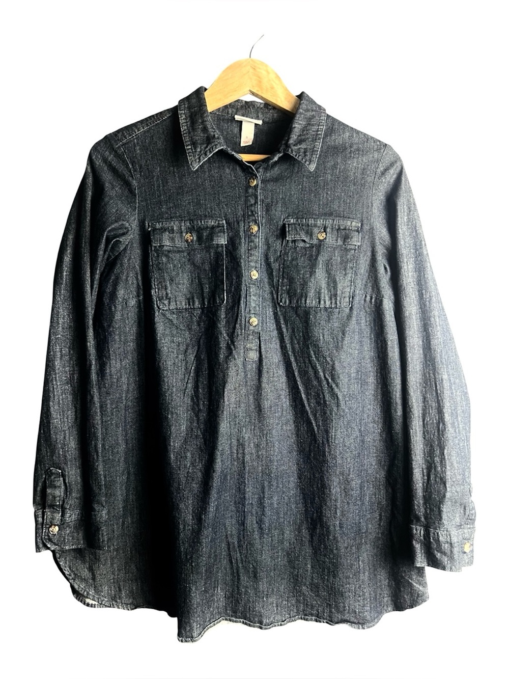 Isabel Maternity Dark Wash Denim Chambray Popover Tunic Top Size S
